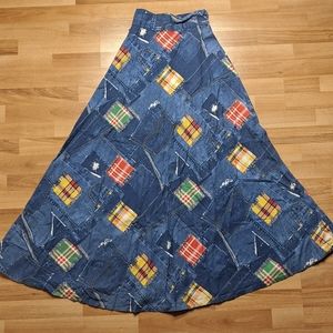 Vintage patchwork denim patterned maxi skirt